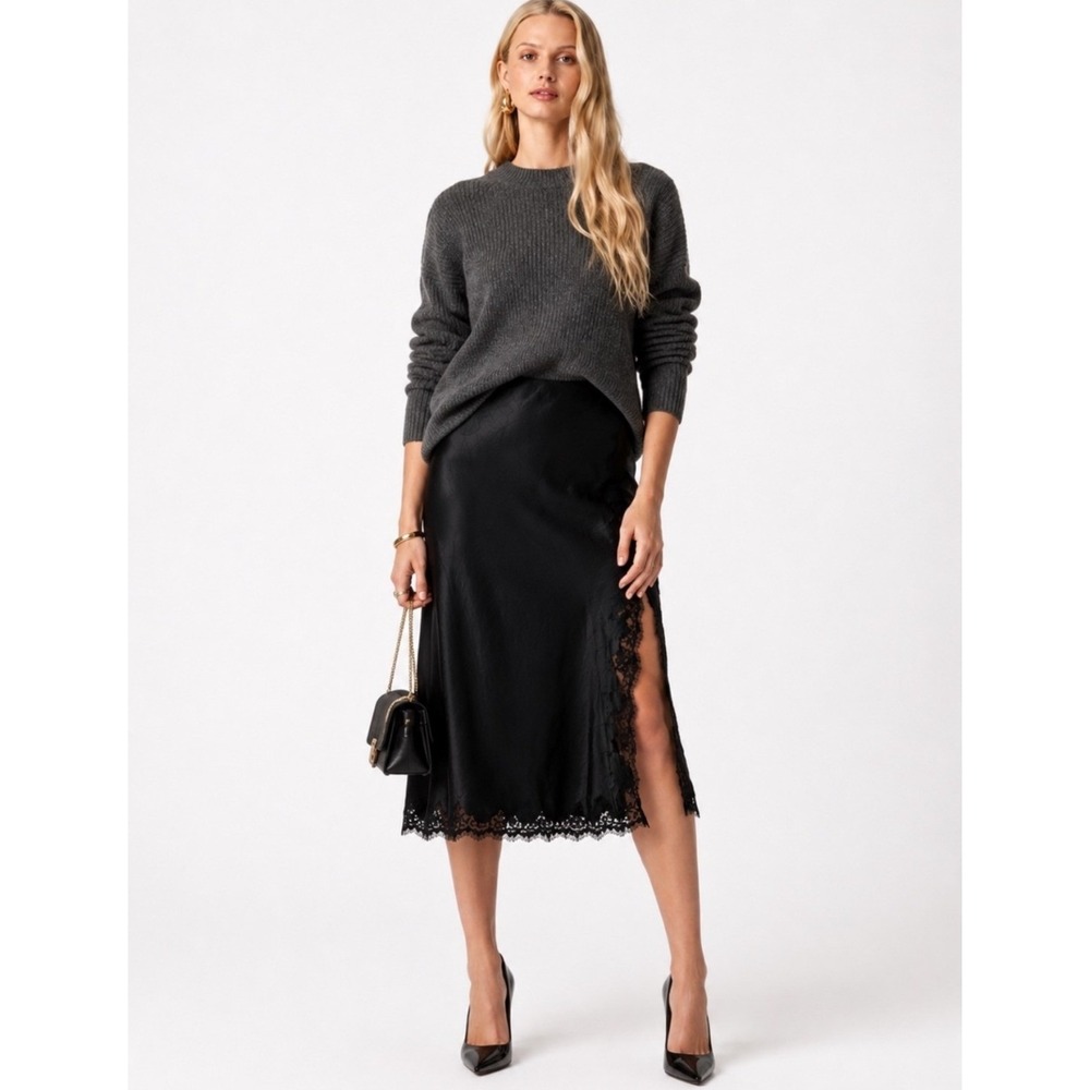 J.Crew Gwyneth Slip Skirt Womens S Black Excellent Lace Trim Textured Satin